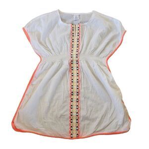 Girls large 10-12 100% cotton white boho swim cover braided trim neon swimming t
